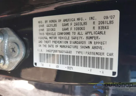 2008 Honda Accord 2.4 Ex-L from USA, damaged, VIN 1HGCP26878A014440